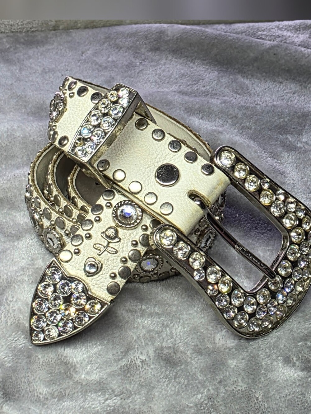 Kippys Swarovski Crystal-Studded White Leather Buckle Belt